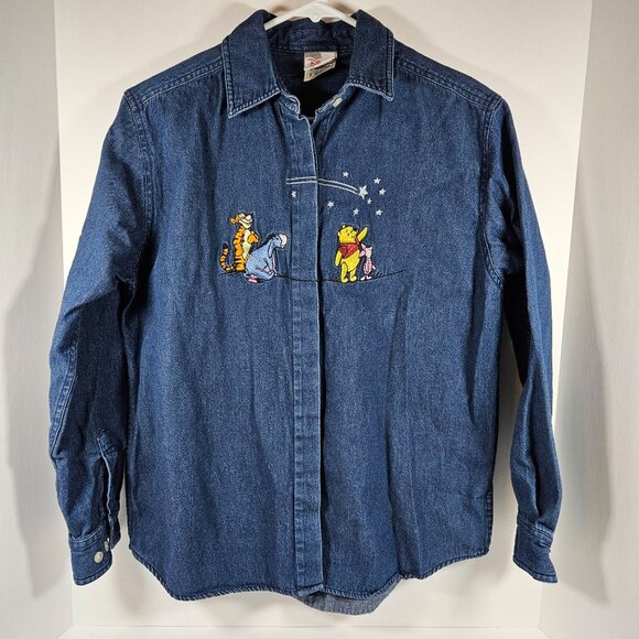Disney Store Denim Shirt Winnie The Pooh Tigger Eeyore Piglet Embroidery Medium - Picture 9 of 9